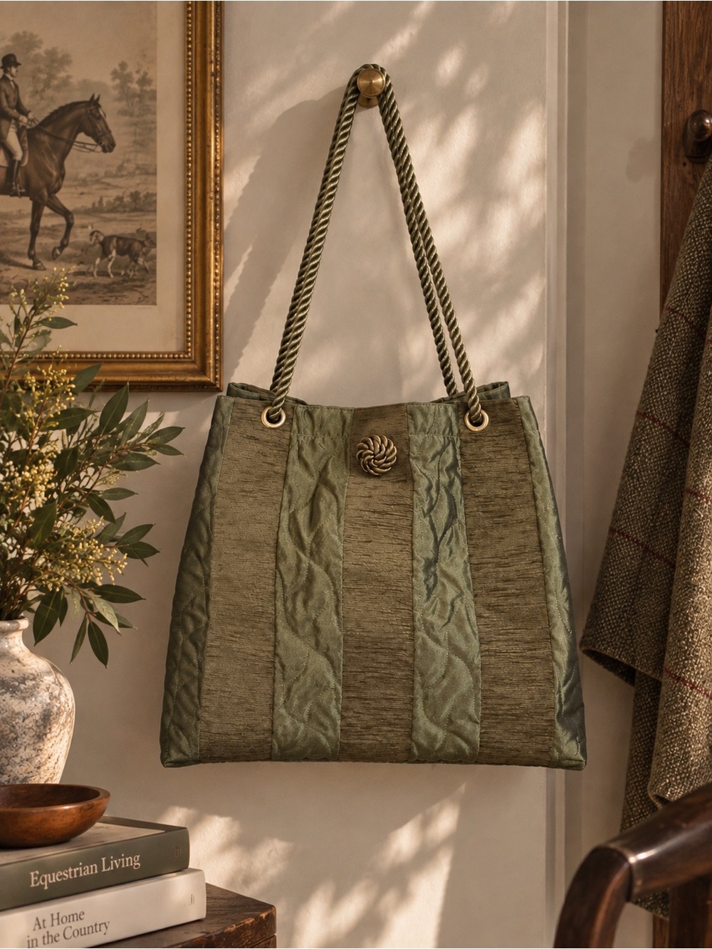 Textured Woven Textile Ropelike-Handled Bag Olive Boho Artisan Jaquard Goldtone